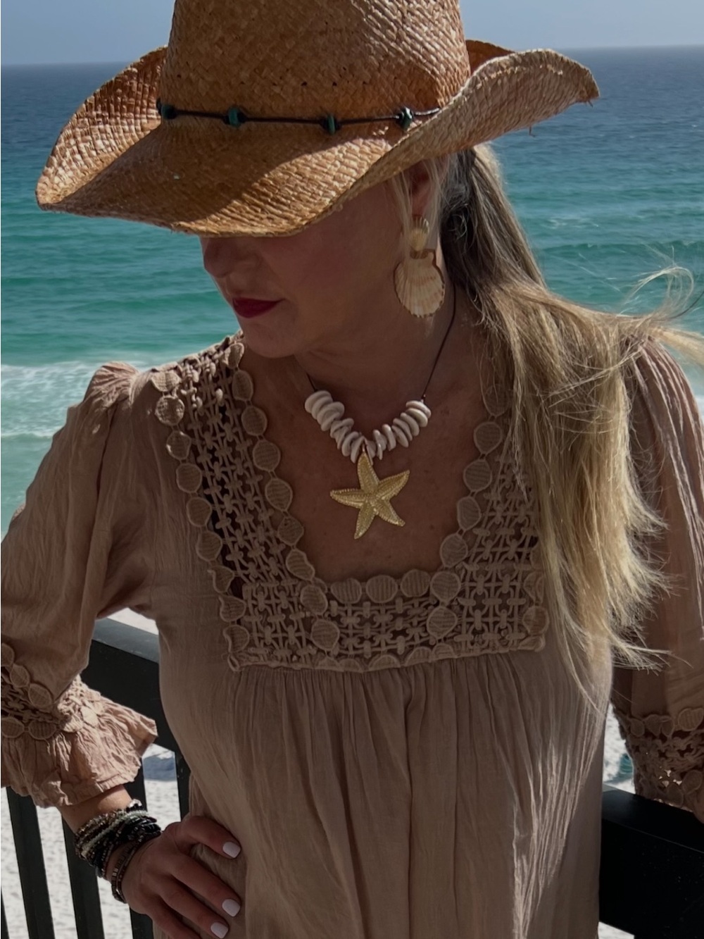 Shell Bead Necklace with Gold Starfish Pendant - Beige